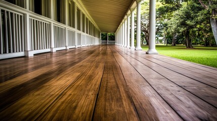 The beautifully designed front porch features wooden flooring and white railings, offering a perfect view of the street and greenery surrounding the home