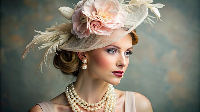 Elegant woman wearing a vibrant floral fascinator adorned with feathers and lace, accessorized with a pearl necklace, perfect for a luxurious Derby Day event.