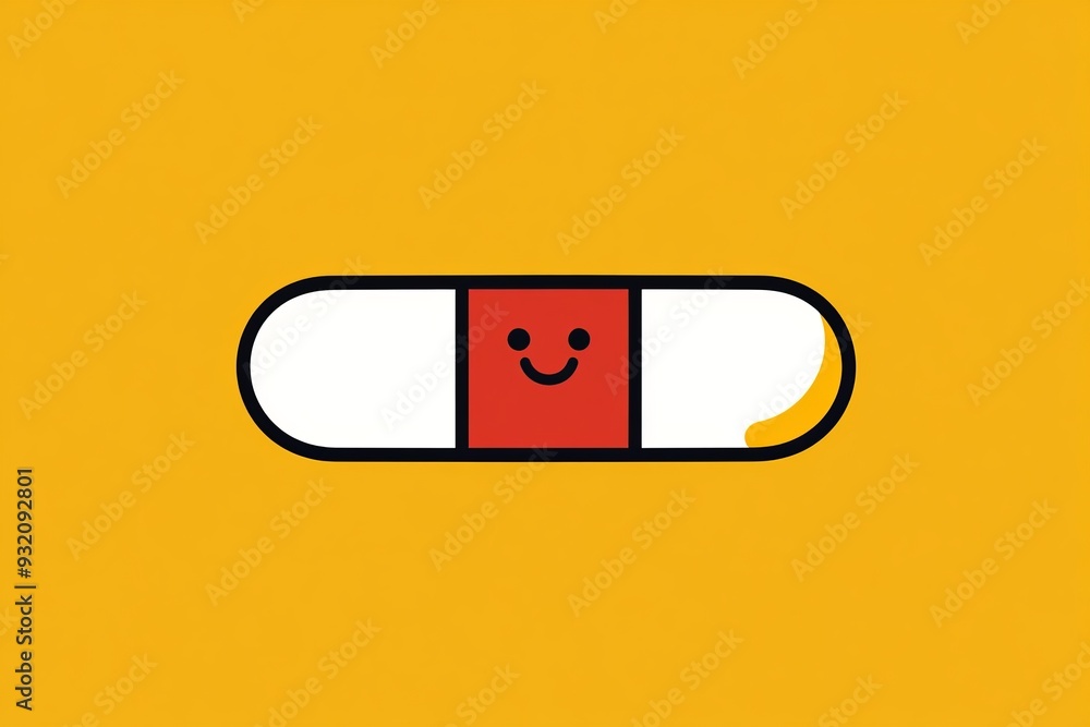 Poster a minimalist pill character with a smiling face on a yellow background symbolizing the simplicity an