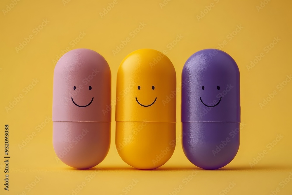 Poster three smiling pill characters in different colors on a yellow background symbolizing the diversity a