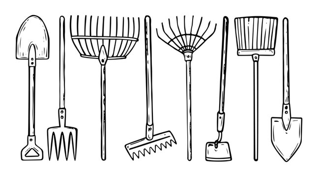 Set of gardening tools hand drawn in doodle style. Worker items for cleaning and cultivating land. Hobby gardening. Vector line art illustration.