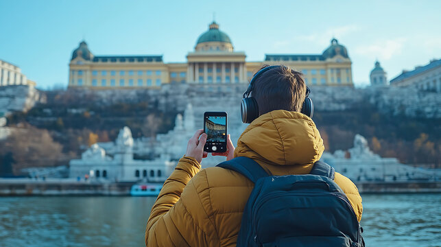 Traveler Taking Photo of Historic Building with Smartphone