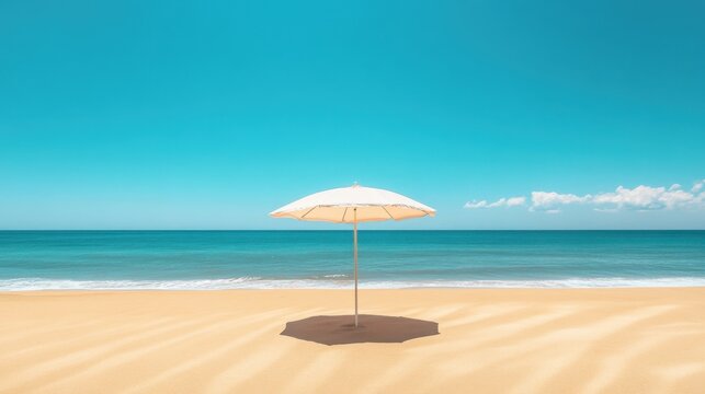 Beach umbrella casting soft shadows on golden sand, framed by the endless blue sky and ocean. Minimalist, tranquil summer vacation vibes in pastel colors
