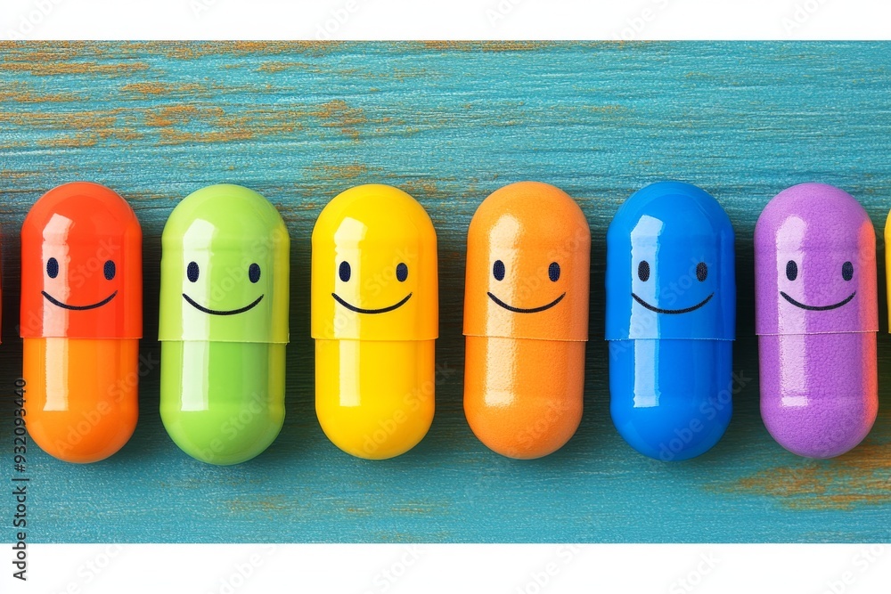 Poster a row of five colorful pill characters on a blue wooden background symbolizing the variety and unity