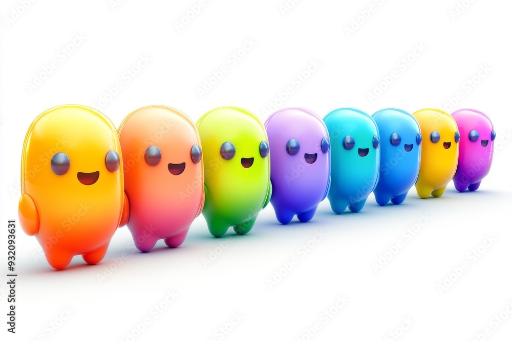 Poster a row of rainbow colored pill characters on a white background symbolizing the diversity and inclusi