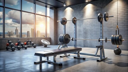 Fototapeta premium Empty gym bench surrounded by dumbbells, kettlebells, and weightlifting equipment, set against a bright, modern background with clean lines and minimal distractions.