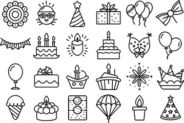 Festivals & Celebrations related concept such as Balloon, party hat, confetti, cake, candle & many more editable stroke outline icons isolated on white background flat vector illustration