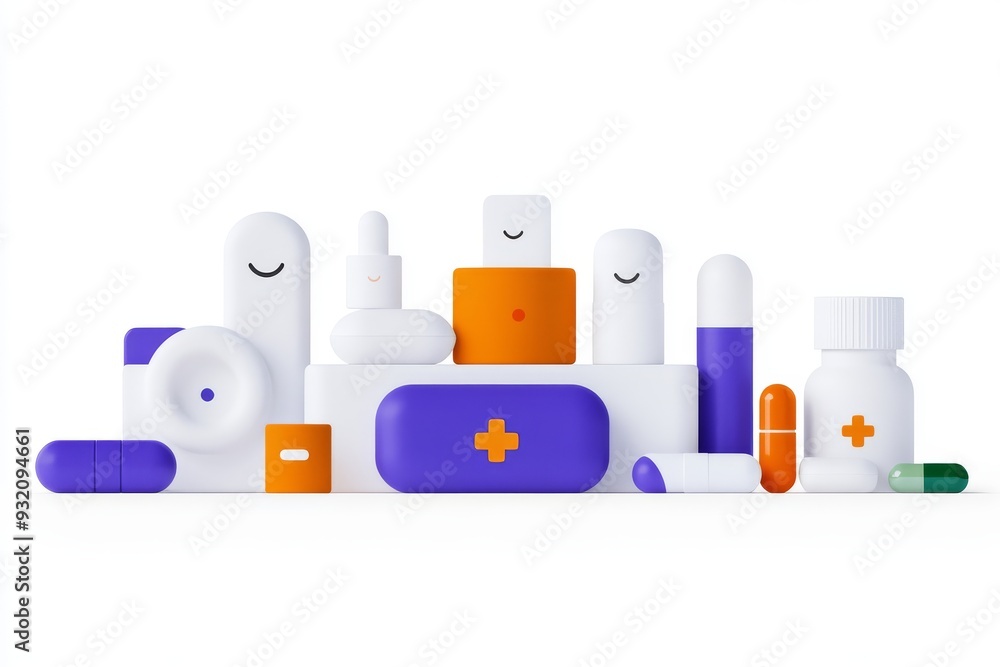Poster a clean and organized layout of various medical bottles and containers on a white background represe