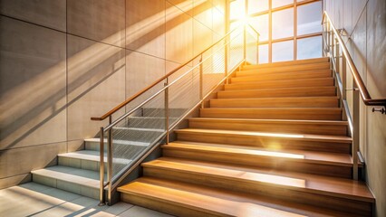 Empty staircase with modern handrail and sleek steps leading downward, casting a gentle shadow in a warm and inviting atmosphere with soft natural light.