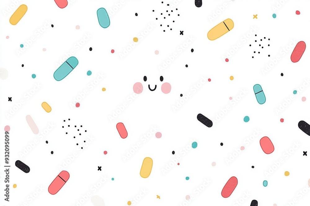 Poster a scattered pattern of colorful pills on a white background representing the diversity and abundance