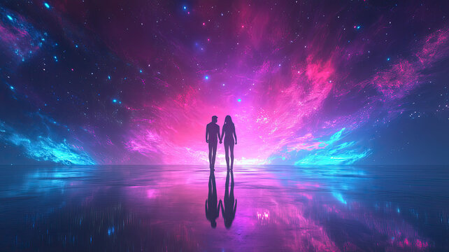 Us against the world cyberpunk rainbow futuristic couple holds hands and faces the universe together. Colorful outer space background powerful art