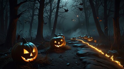 Halloween pumpkin glows spooky night evil forest terrified faces generated by artificial intelligence