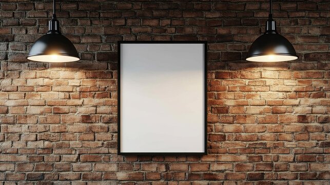 Rustic brick wall backdrop with three sleek ceiling lamps and a modern blank poster frame, ready for design or artwork display in a realistic 3D setting.