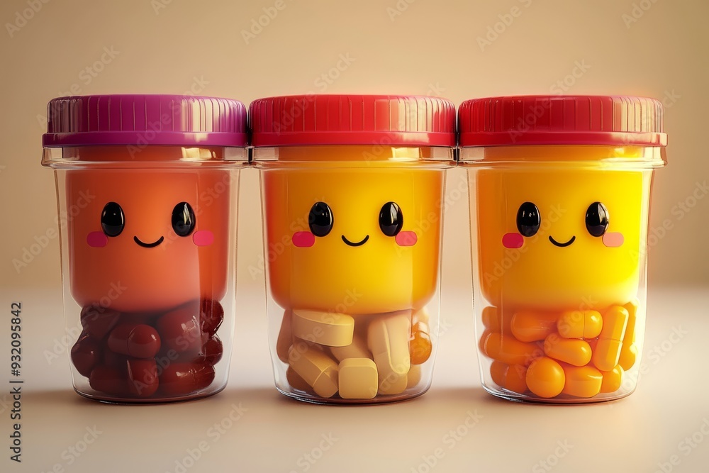 Poster three colorful pill containers with happy faces and red caps symbolizing the cheerful and approachab