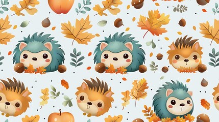 Naklejka premium A seamless pattern of charming cartoon hedgehogs nestled among apples, mushrooms, and acorns, with autumn leaves scattered around, rich earthy tones, detailed fur and foliage textures, soft shadows,