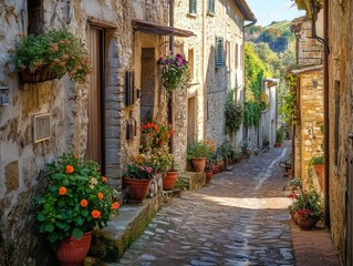 Fototapeta premium Charming stone pathway lined with flowerpots in an Italian village during the afternoon
