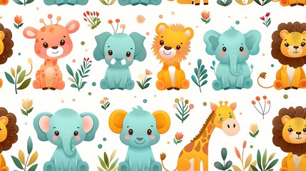 Naklejka premium A seamless pattern of charming cartoon lions, giraffes, and elephants playing together in the golden savannah, surrounded by tall grass and distant mountains, warm and bright colors, soft sunlight,