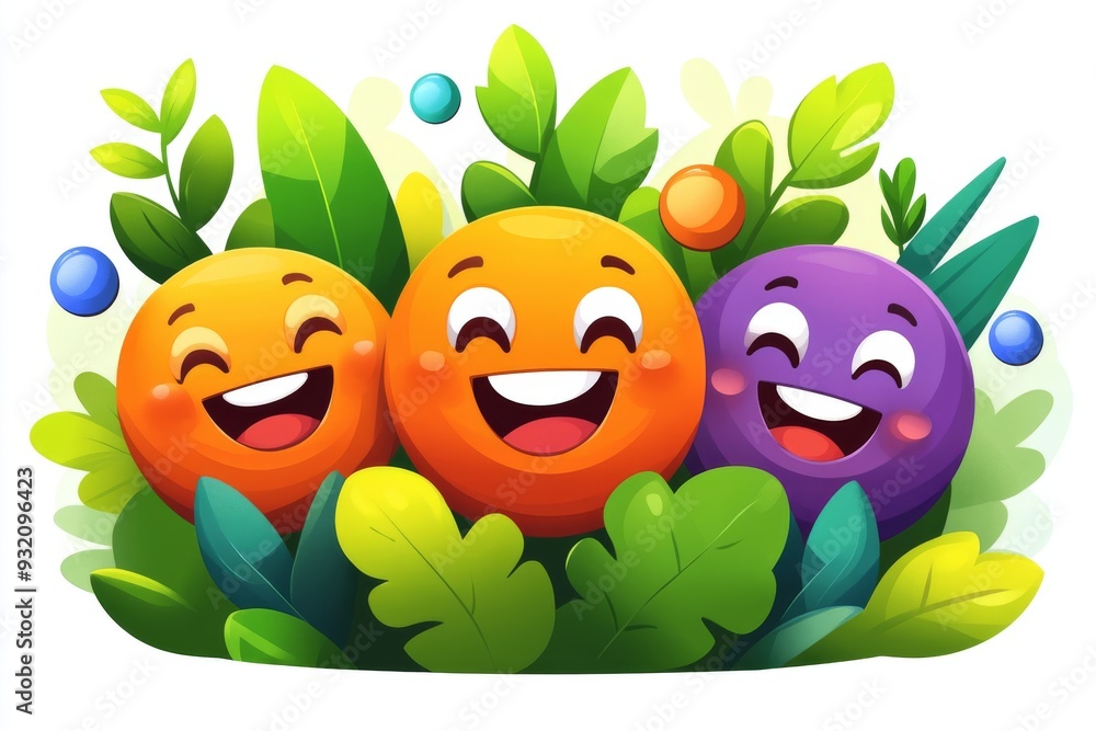 Poster a group of happy pill characters designed as fruits with vibrant leaves symbolizing the integration 