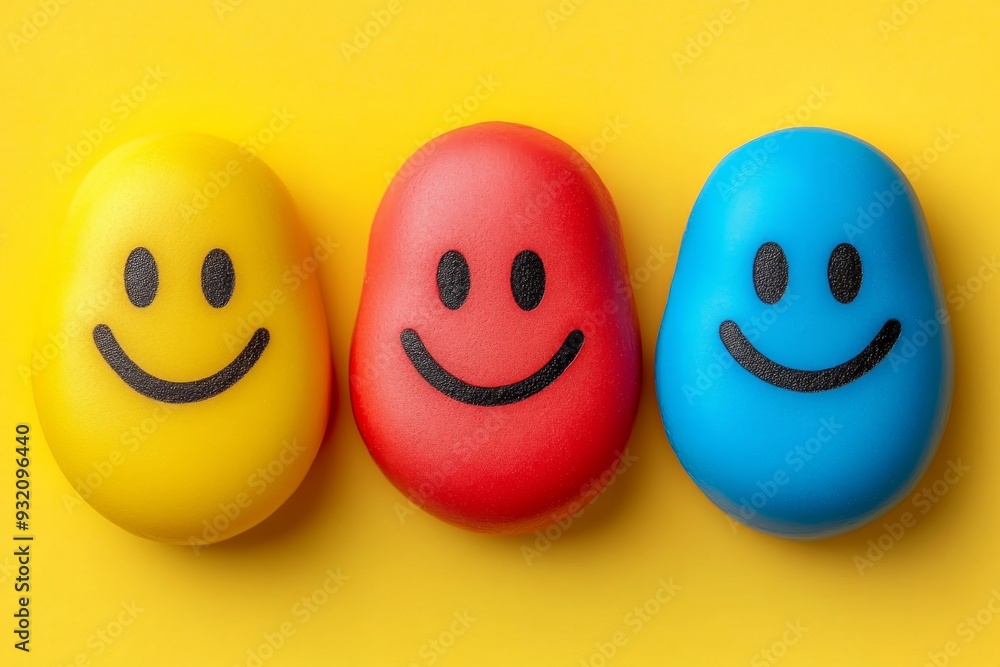 Poster three colorful pill characters with happy faces on a yellow background symbolizing the diversity and