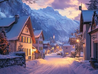Fototapeta premium Snow-covered village street at twilight in the Swiss Alps
