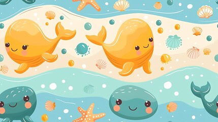Obraz premium A seamless pattern of charming cartoon whales and starfish floating in the ocean, surrounded by seashells and waves, bright blues and sandy yellows, detailed water and sand textures, soft sunlight,