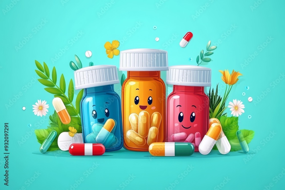 Poster a cheerful group of colorful pill bottles with smiling faces surrounded by greenery and capsules sym