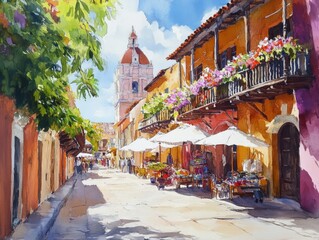 Fototapeta premium Colorful marketplace in a quaint town with flowers and vibrant buildings on a sunny day