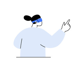 Person wearing a VR headset and interacting with a computer screen in a modern, minimalistic design. The illustration emphasizes virtual interaction, technology, and digital communication.