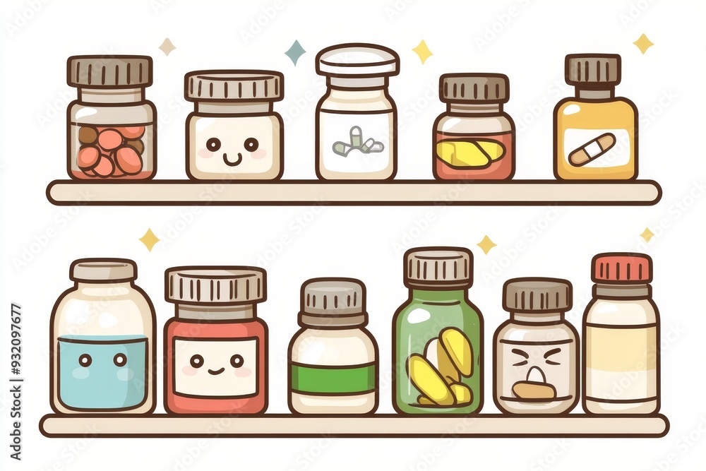 Aufkleber a group of cartoonish pill bottles with various expressions on a beige background symbolizing the ra
