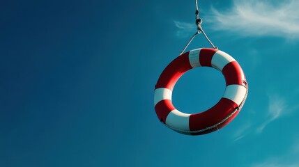 Red and white life belt mid-flight, against a bright blue sky and open waters, capturing a moment of rescue and urgency.