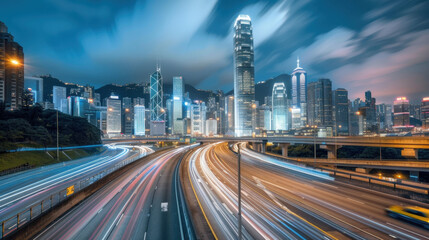 Fototapeta premium Highway in Hong Kong at night with a city skyline background