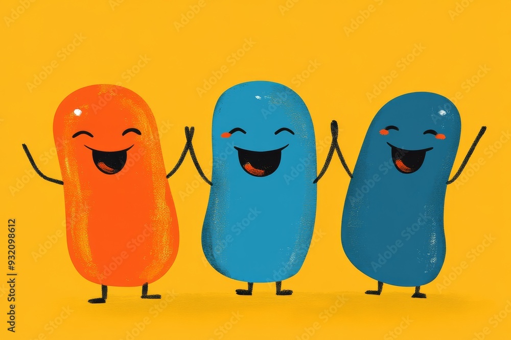 Poster three colorful pill characters with happy faces on a yellow background symbolizing the unity and joy