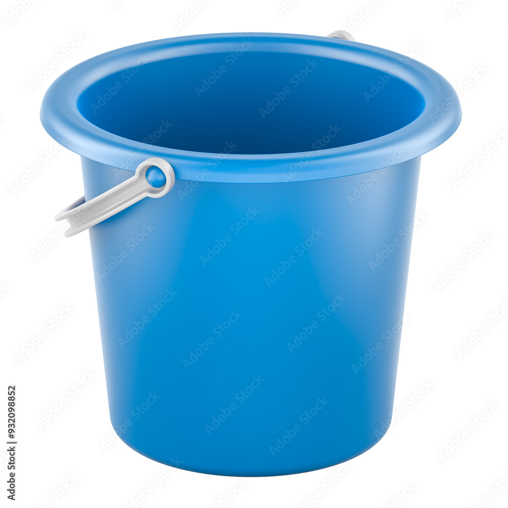 Poster empty plastic bucket, blue color. 3d rendering isolated on transparent background