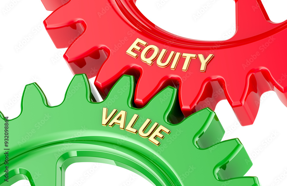 Poster equity value concept with colored gearwheels. 3d rendering isolated on transparent background