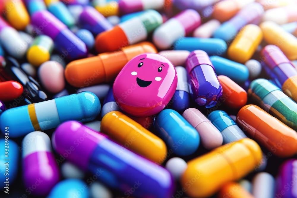 Poster a playful mix of colorful pills and capsules with a single smiling face symbolizing the diversity an