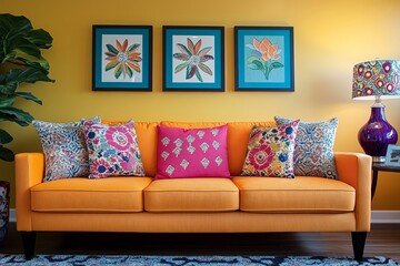 This lively living room showcases a bright orange sofa adorned with patterned cushions, providing a cheerful atmosphere complemented by colorful wall art.