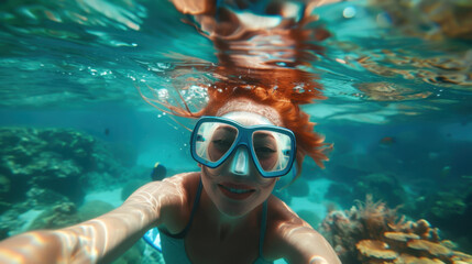 Fototapeta premium Redheaded girl in goggles swimming underwater on a coral reef.