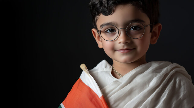 A child dressed as Mahatma Gandhi for a school play, with the child holding a small Indian flag, reflecting innocence and reverence.