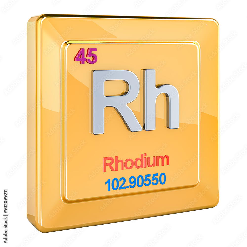 Poster rhodium rh, chemical element sign with number 45 in periodic table. 3d rendering isolated on transpa