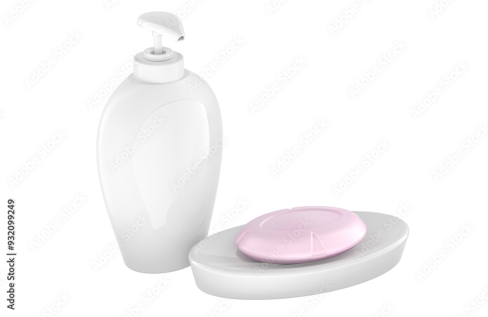Poster soap bottle dispenser and soap on the soap dish, 3d rendering isolated on transparent background