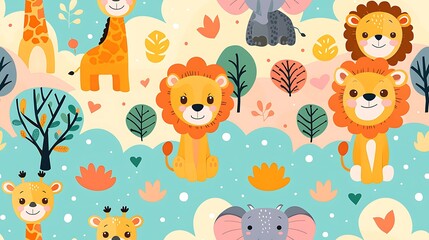 A seamless pattern of cute cartoon giraffes, lions, and elephants wandering through the savannah, with the sun setting in the background, warm orange and yellow hues, detailed textures, hd quality,