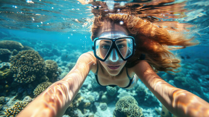 Fototapeta premium A girl in goggles takes a selfie while swimming underwater on a coral reef