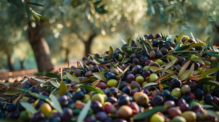 Freshly harvested olives of varying colors are piled beneath olive trees, illuminated by warm sunlight in a peaceful orchard setting