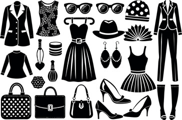 Fashion & Accessories related concept such as Dress, high heels, hat, sunglasses & many more editable stroke outline icons isolated on white background flat vector illustration