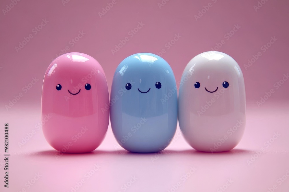 Sticker adorable trio of pastel colored capsule characters with smiling faces on a soft pink background conv