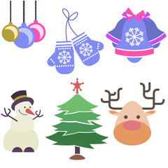 Holiday-themed set includes snowman, reindeer, Christmas tree, mittens, bells, and various colorful ornaments. Perfect for seasonal design, decorating, or creating festive projects.