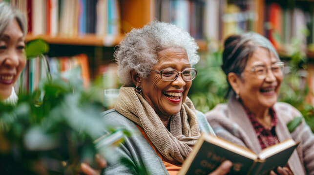 Elderly women reading and laughing in a librar - Powered by Adobe