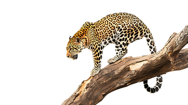 Leopard silently descending from a tree towards its prey, white background for clipping
