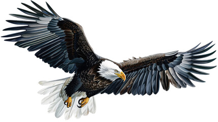 Obraz premium Eagle flying low over the water searching for fish, white background for clipping