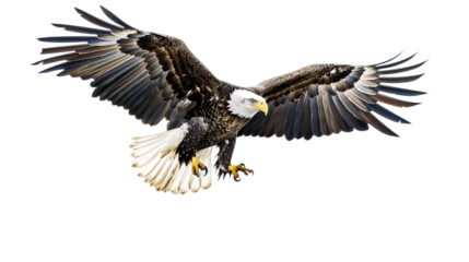Eagle flying low over the water searching for fish, white background for clipping